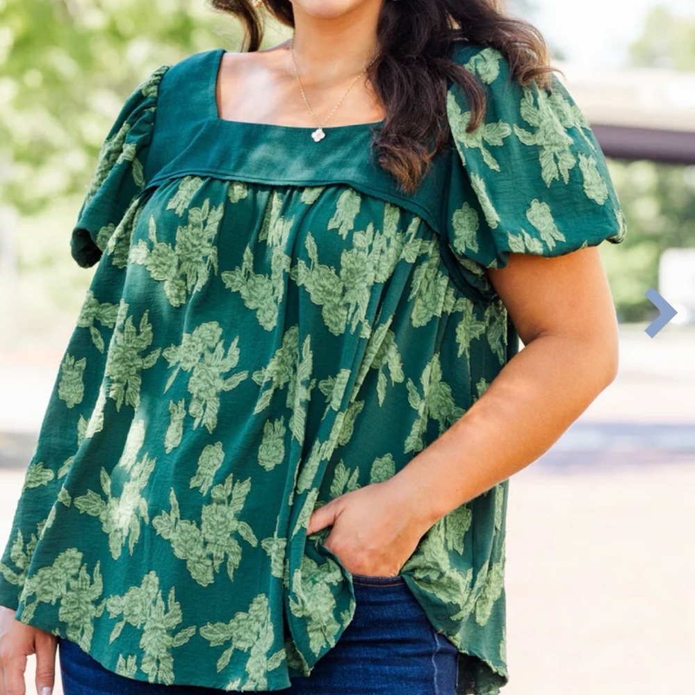 NWT Davi & Dani Nature Printed Square Neck Puff Sleeve Blouse - Deep Green S-1X